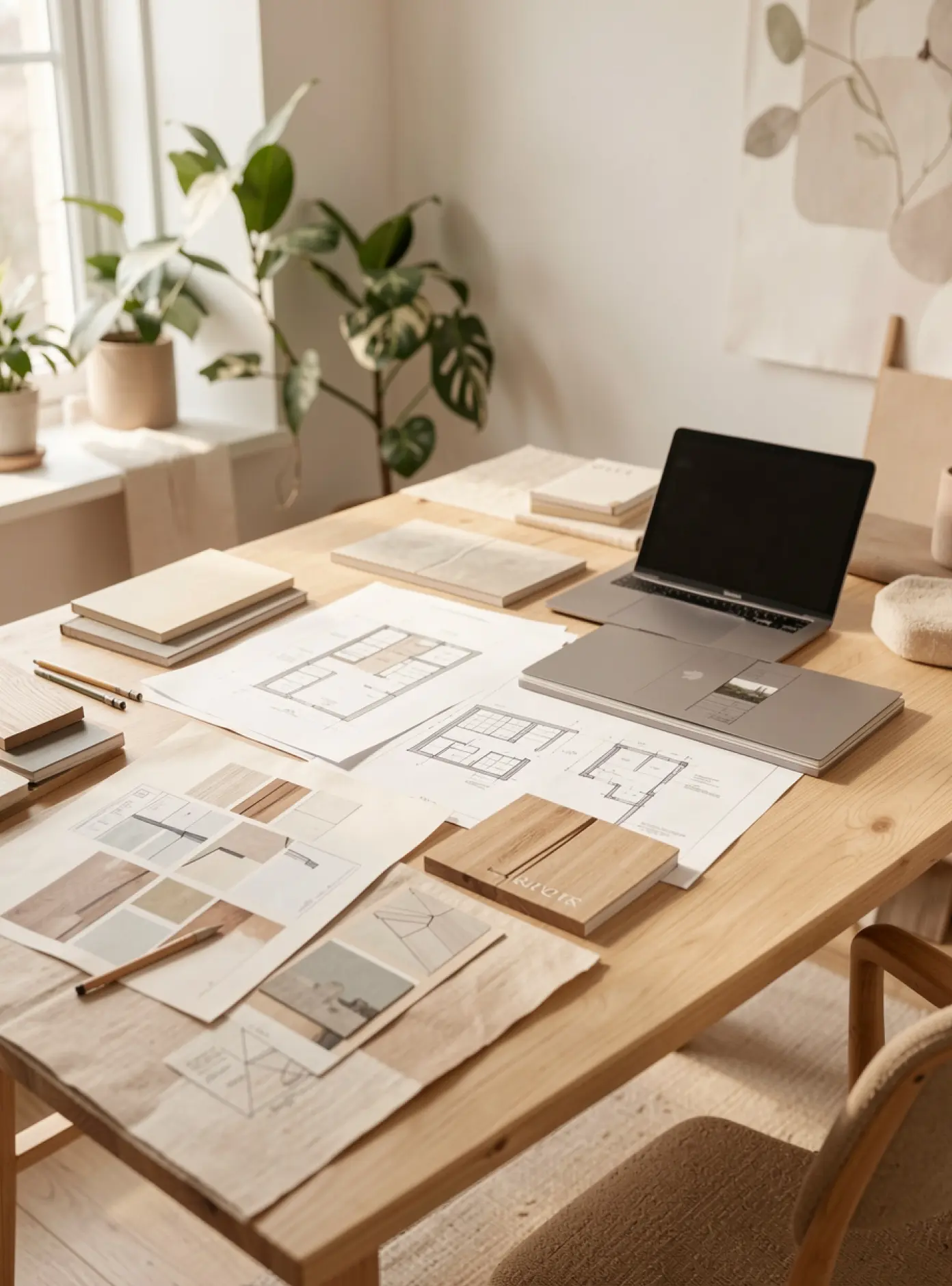 Ordinateur portable posé sur un bureau avec des plans d'architecte et des feuilles diverses