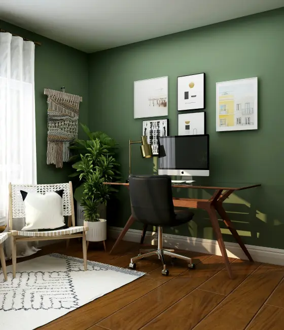 Bureau avec ordinateur, chaise et plantes