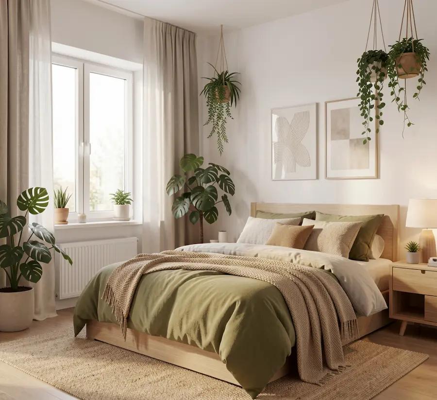 Chambre calme avec beaucoup de plantes