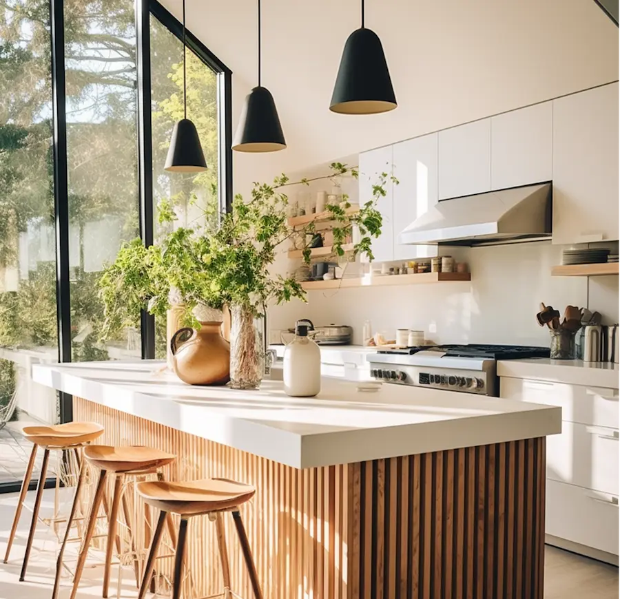 Cuisine lumineuse avec plantes sur le comptoir