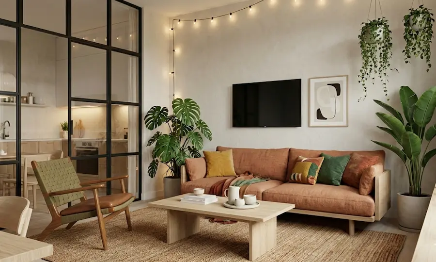 Salon chaleureux avec cuisine à gauche